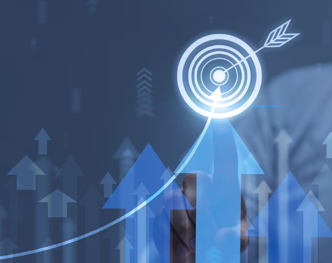Hand pointing at a glowing target with an arrow in the center, surrounded by upward arrows indicating growth.