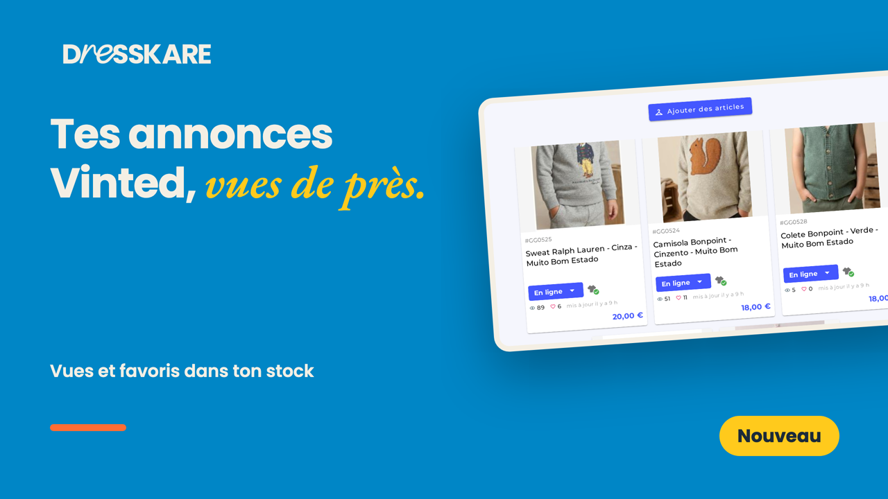 Miniature de la vidéo DressKare : les vues et favoris Vinted affichés sous chaque article du stock