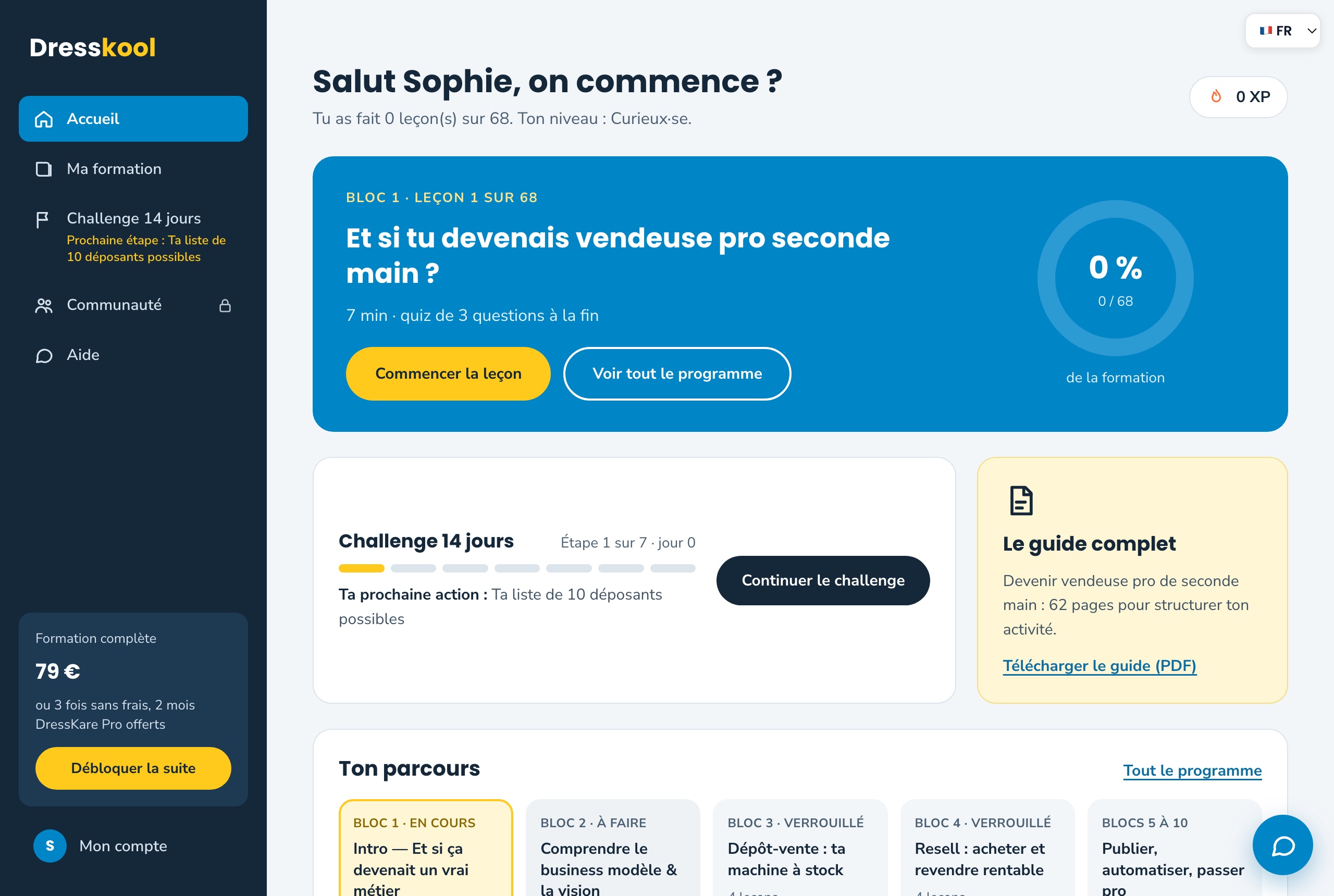 Tableau de bord de l'application de formation DressKool