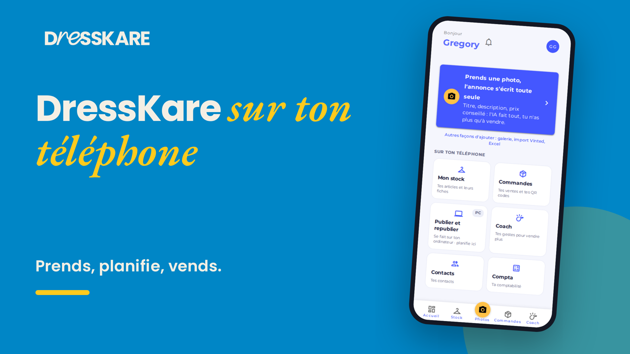 Nouvelle expérience mobile DressKare : photos, stock et planification depuis ton téléphone