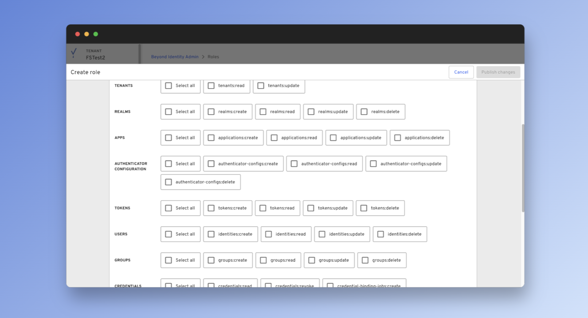 Role and permission selection screen