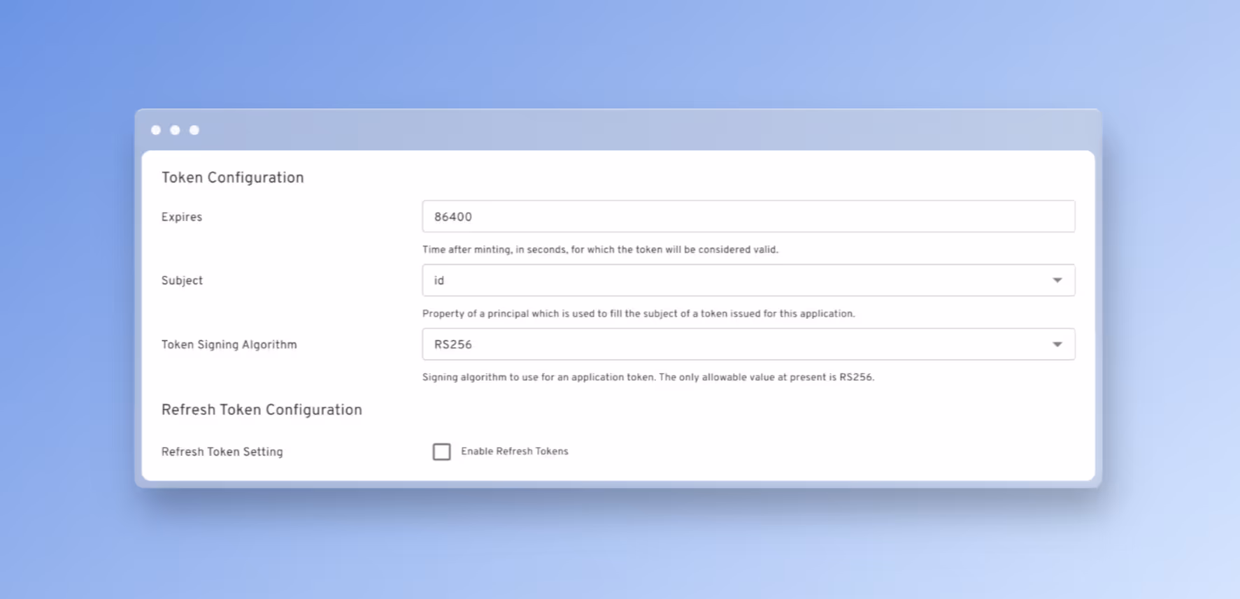 Token configuration screen showing session management