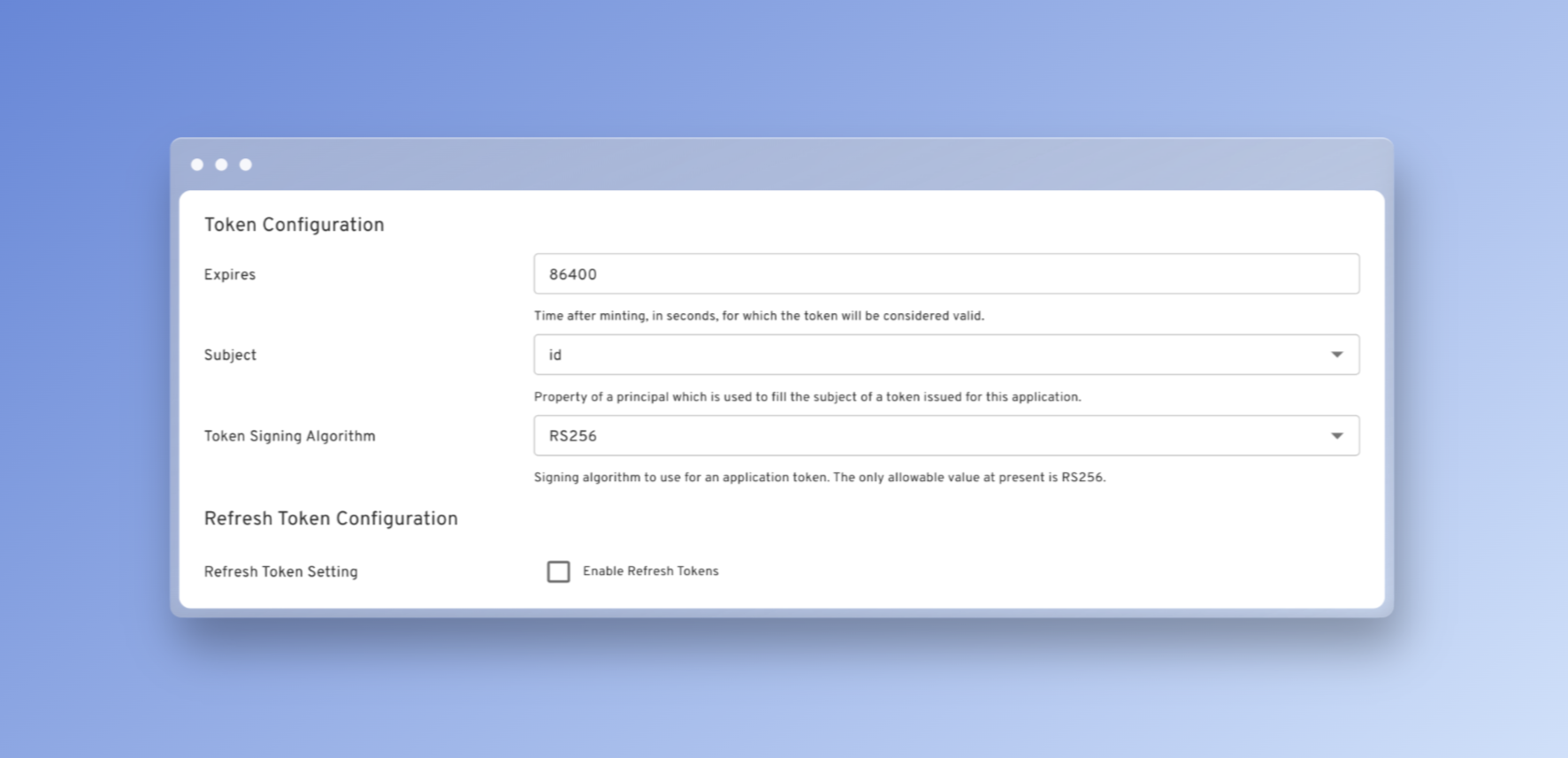 Token configuration screen showing session management