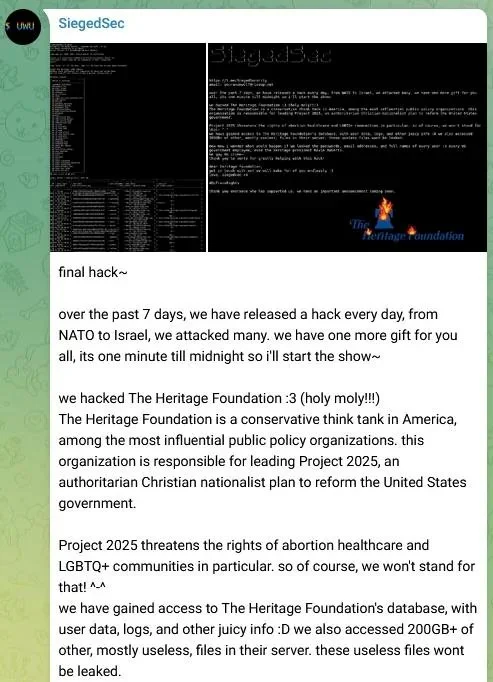 SiegedSec vs The Heritage Foundation