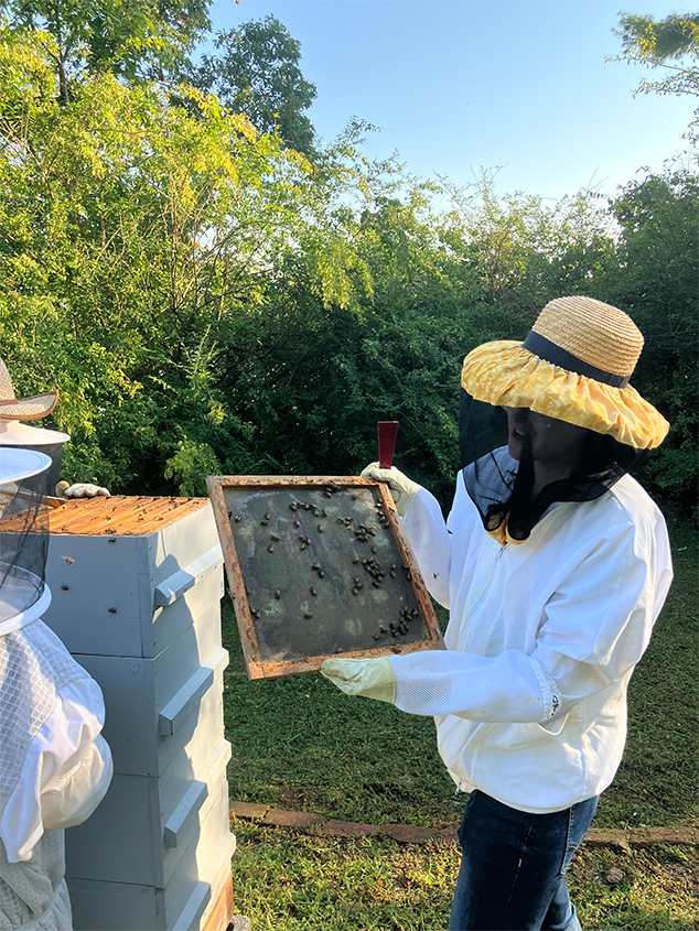 A Howard student intern gets a beekeeper suit on.