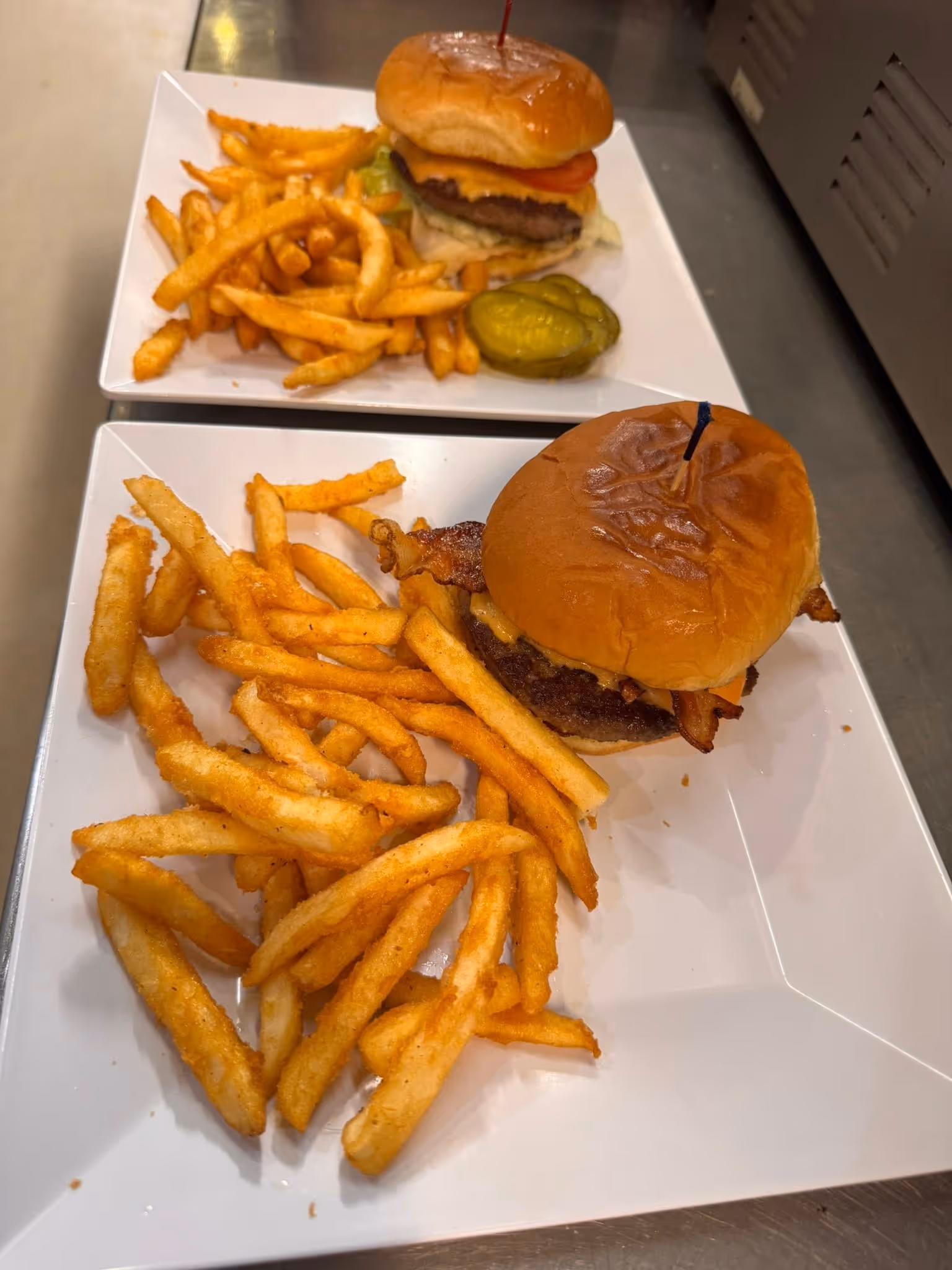 A plate of french fries and a hamburger.