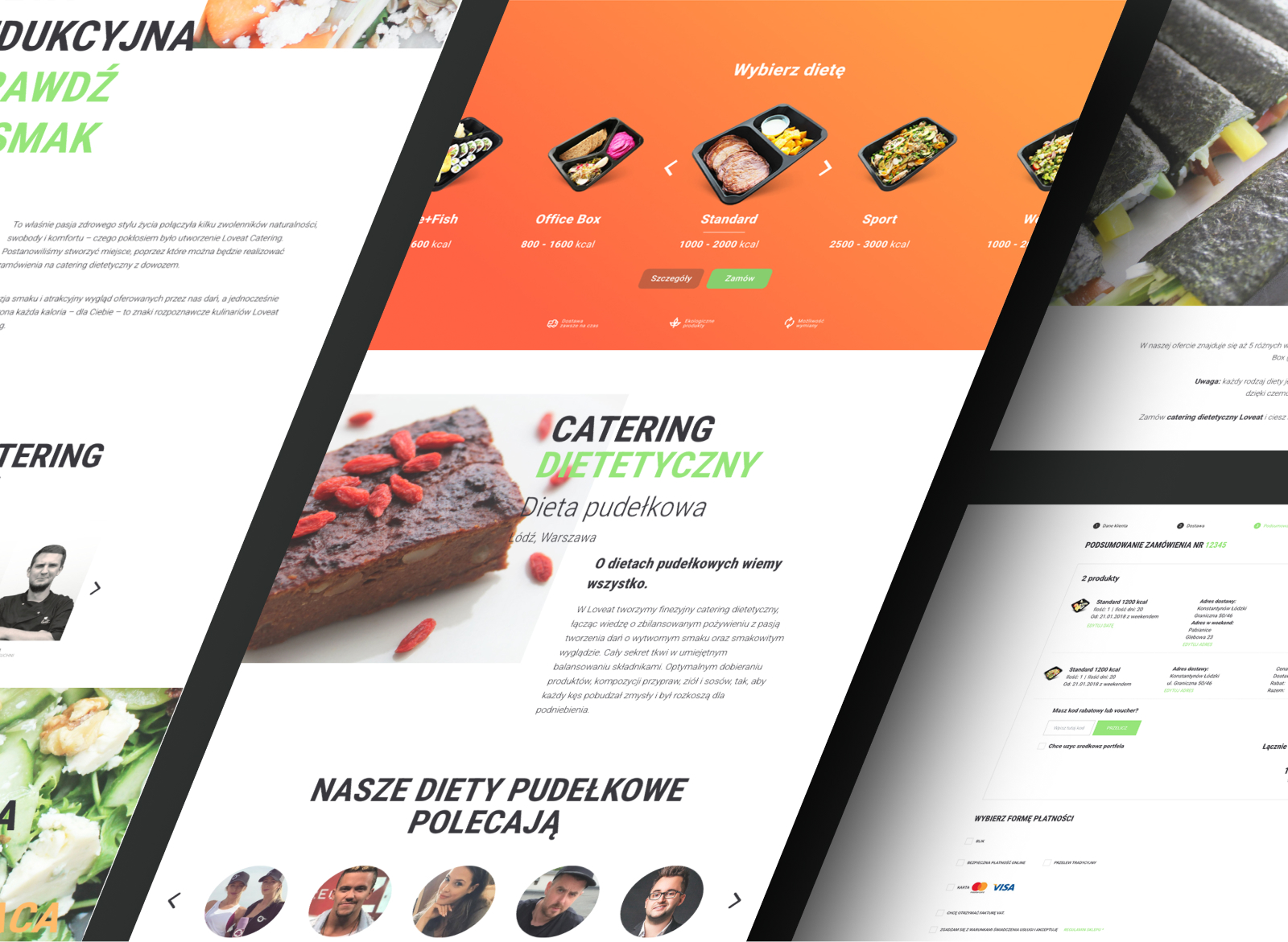 Website layout showcasing diet catering services with meal options, diet plans, and customer testimonials.