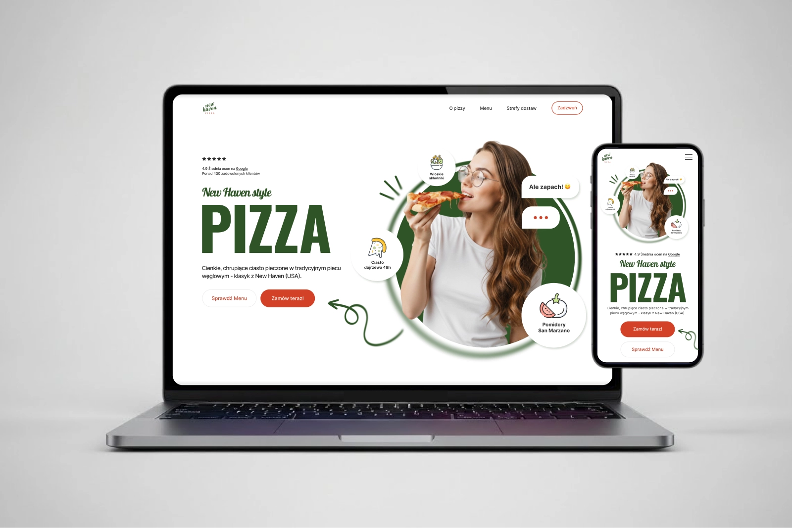 Laptop and smartphone showing a pizza website with a woman eating a slice and menu buttons in Polish.