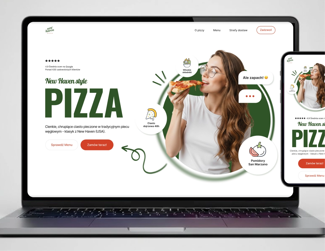 Website homepage on laptop showing New Haven style pizza with a woman biting a slice, Polish text highlighting thin, crispy crust and ingredients like San Marzano tomatoes.