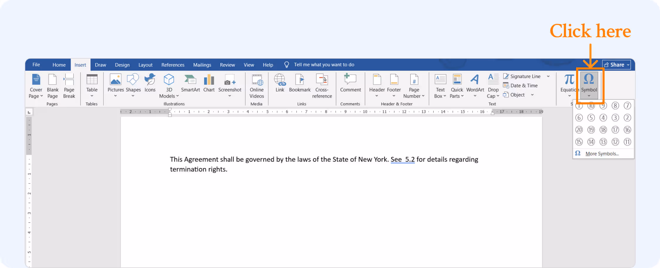 Clicking Symbol Option in Microsoft Word.