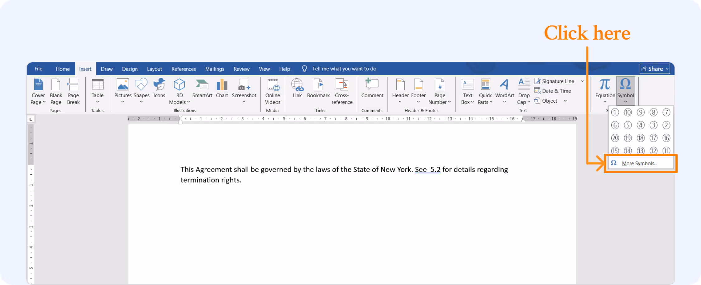 Clicking more symbols option to open full symbols in microsoft word.