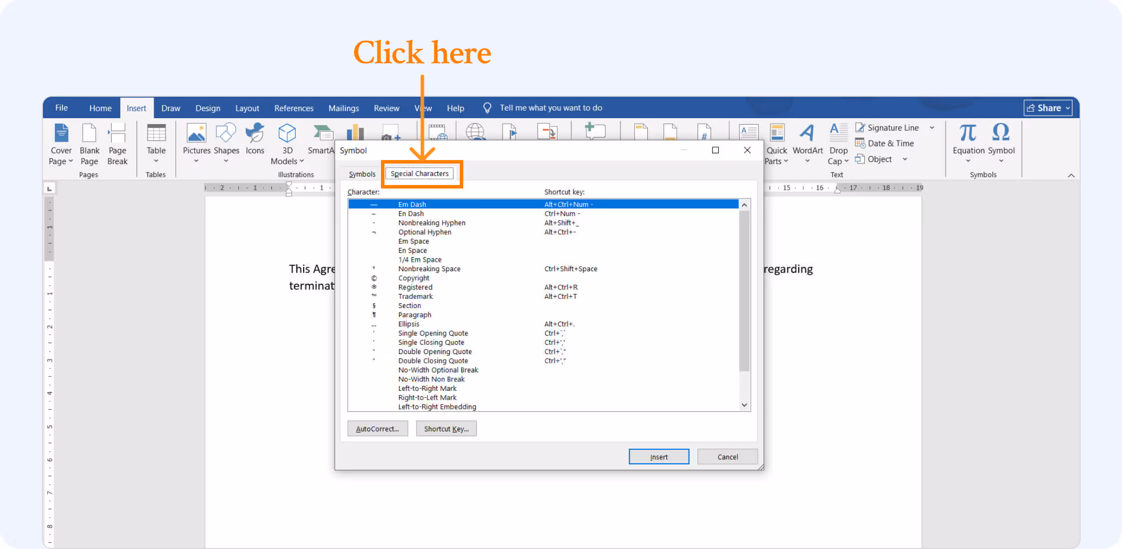Special characters location in microsoft word.