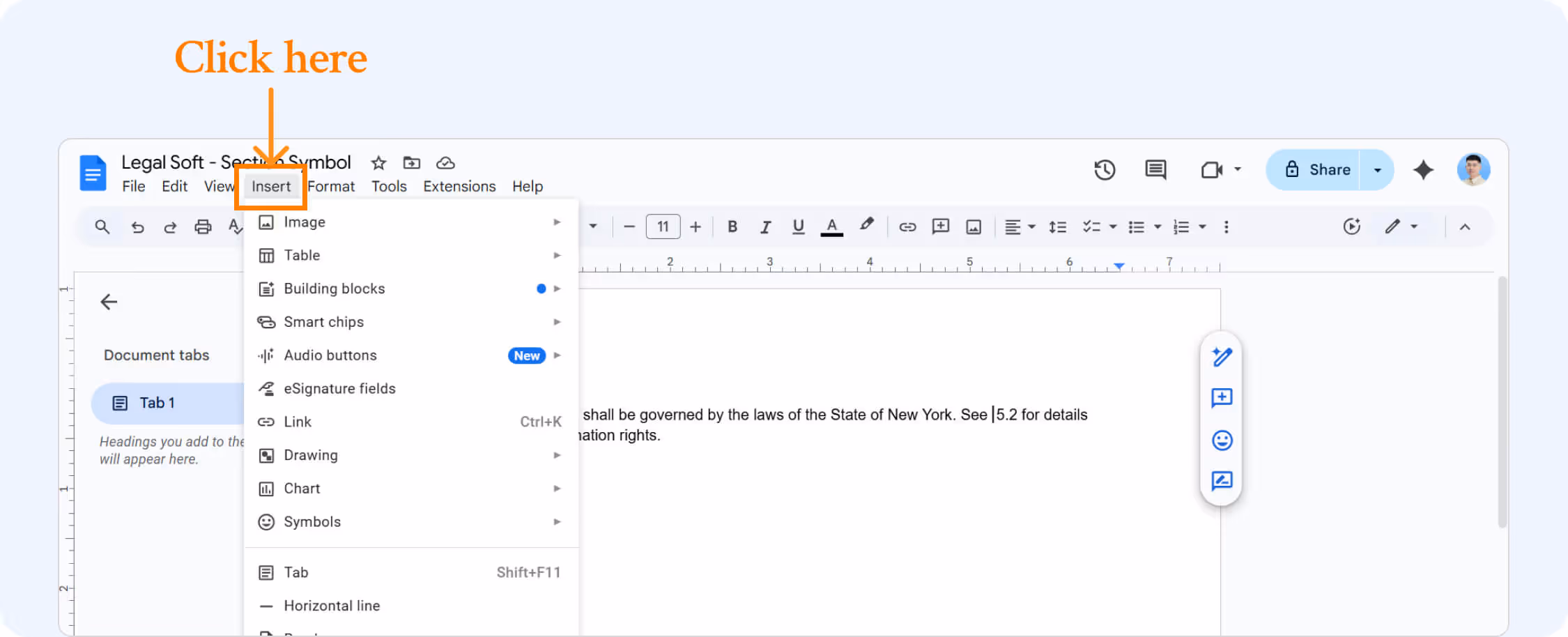 Clicking insert menu in google docs.