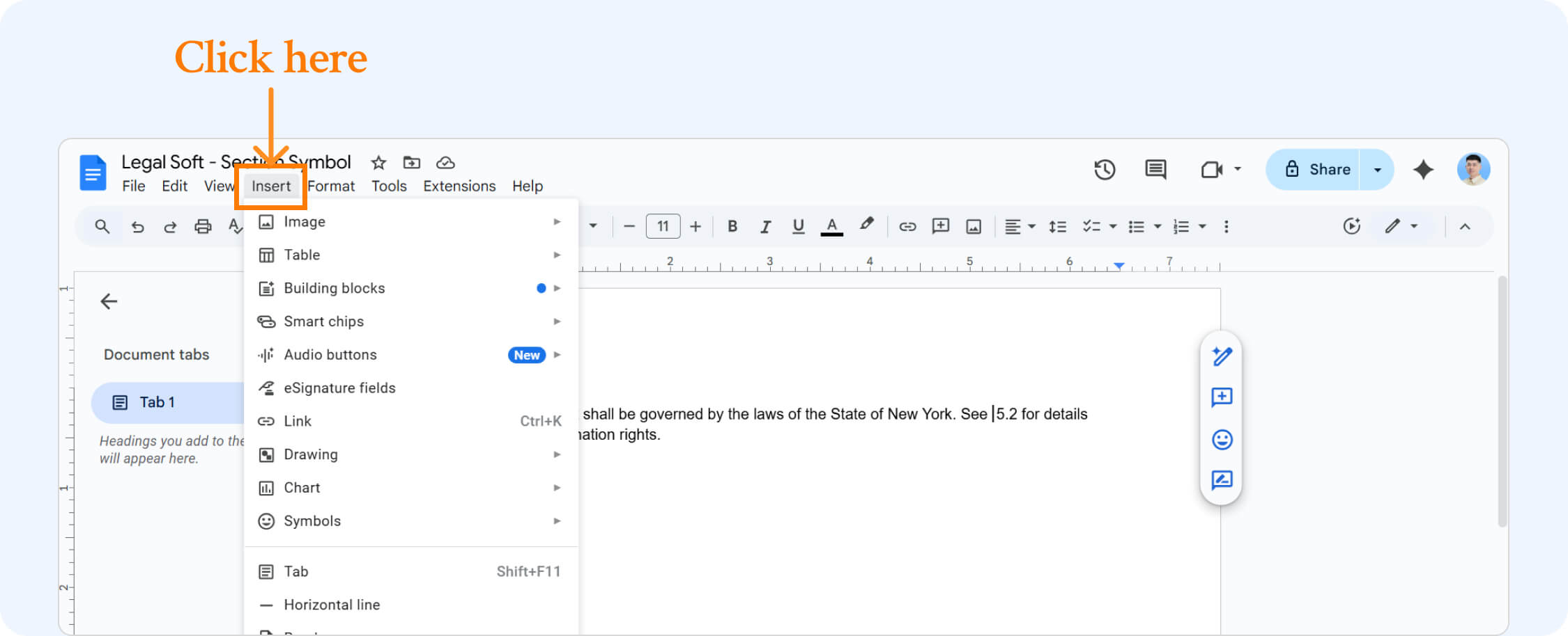 Clicking insert menu in google docs.
