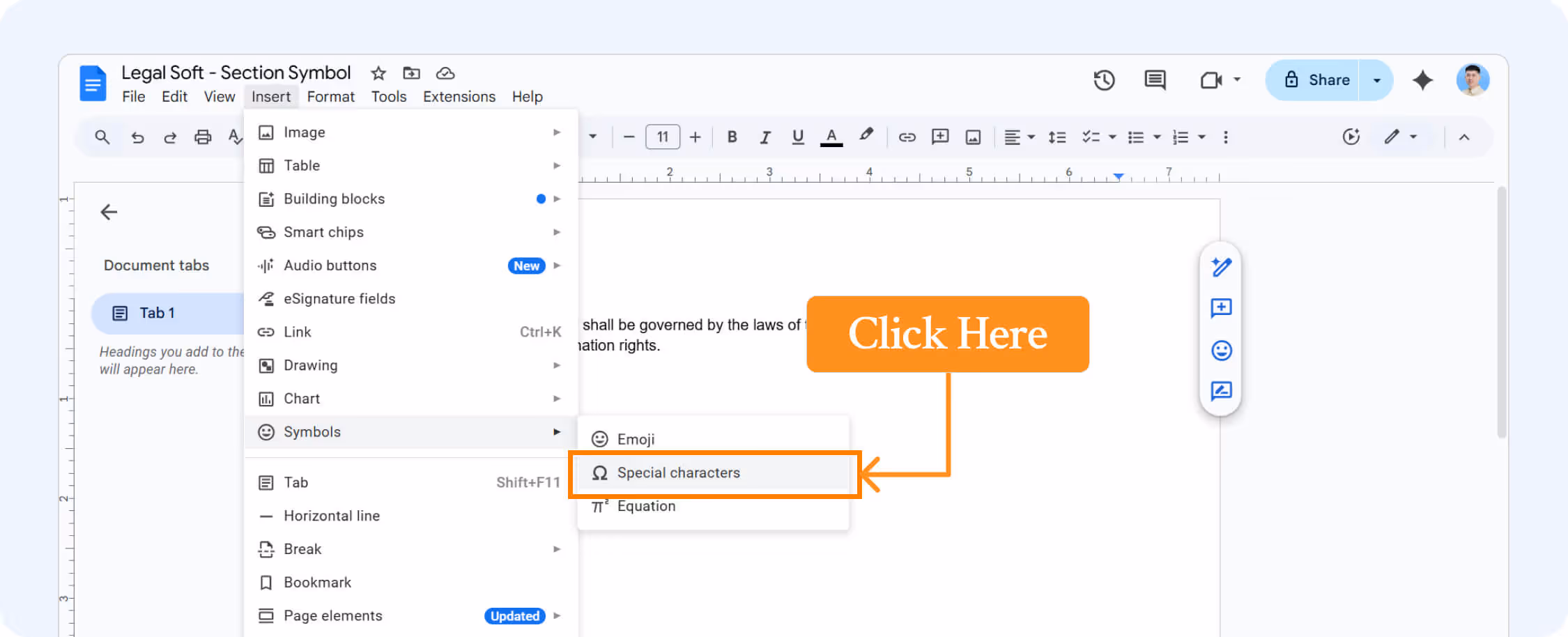 special characters location and inserting in Google Docs.