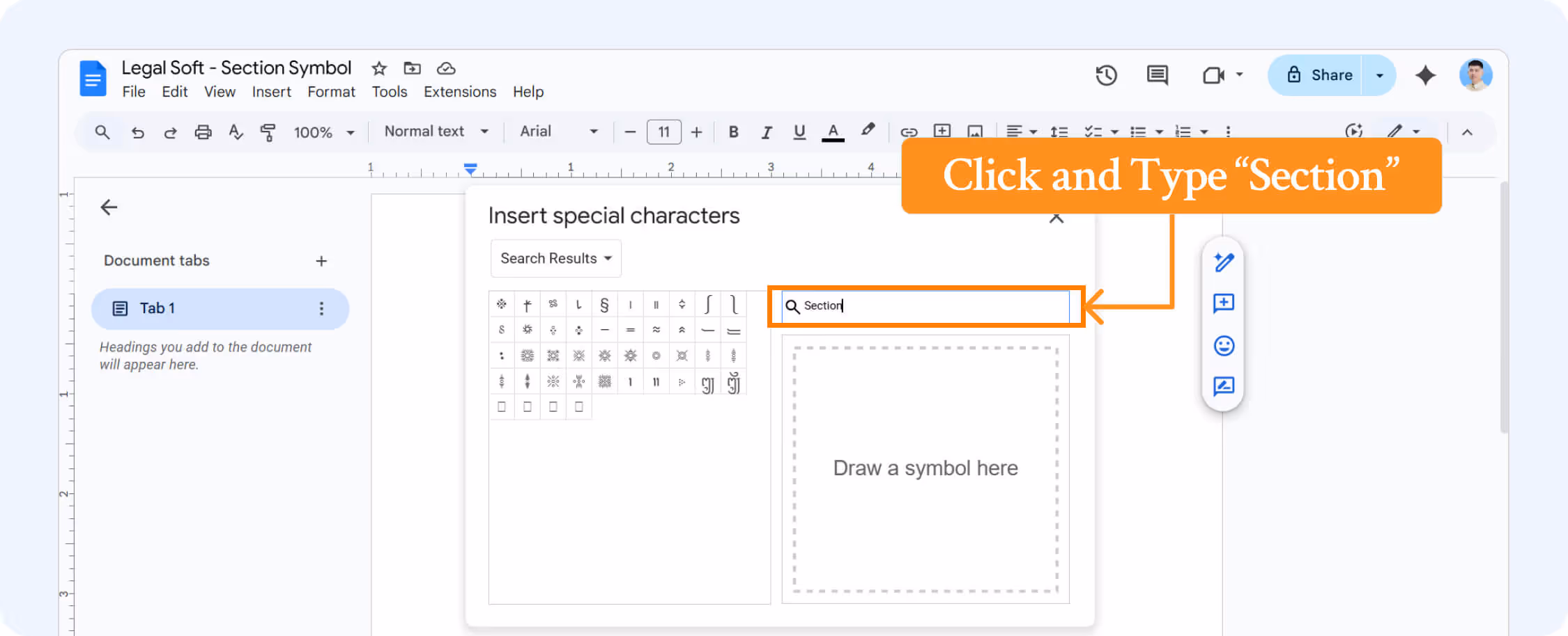 Locating Section symbol top copy in Google docs.
