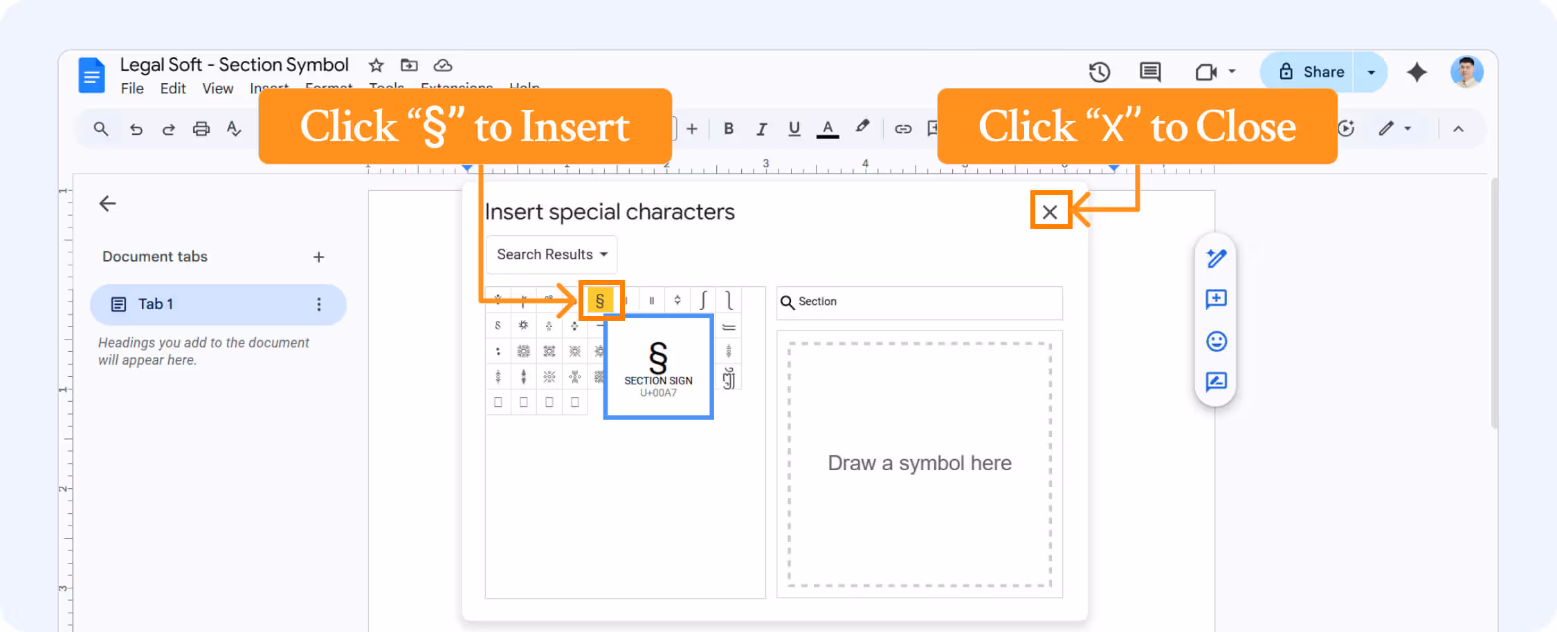 How to insert section symbol in google docs and where to find it.