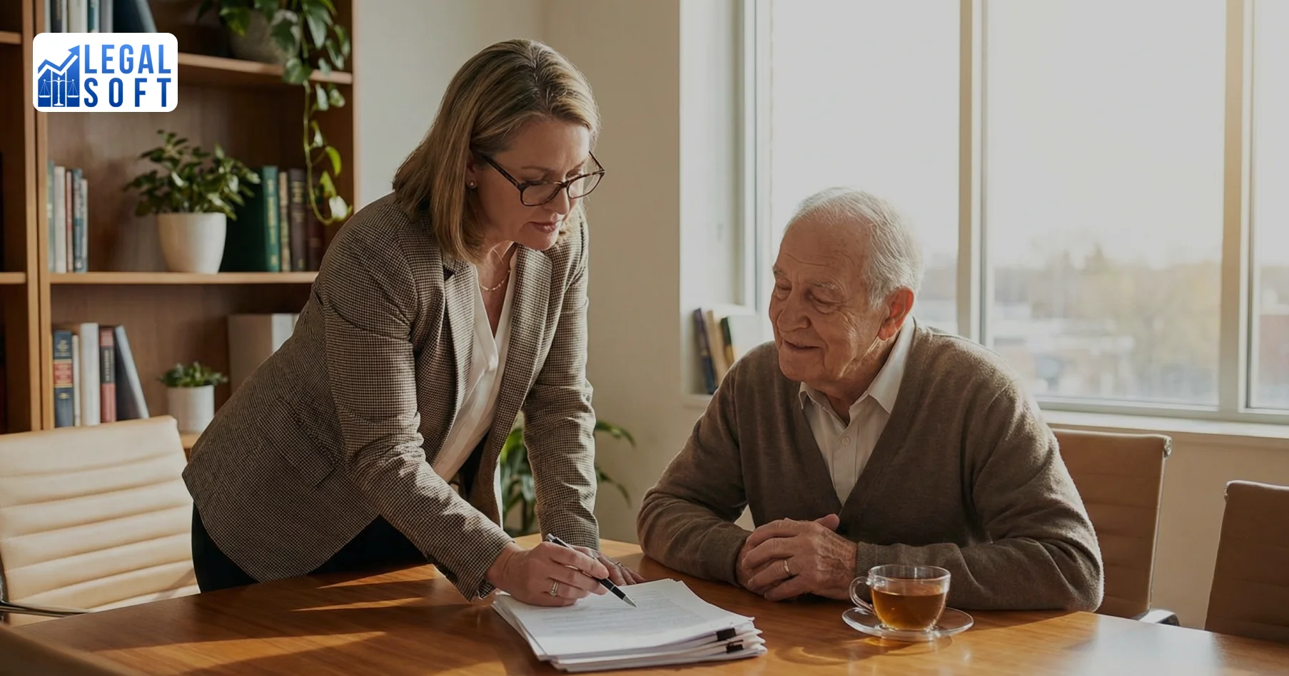 estate planning review conducted by attorney with elderly