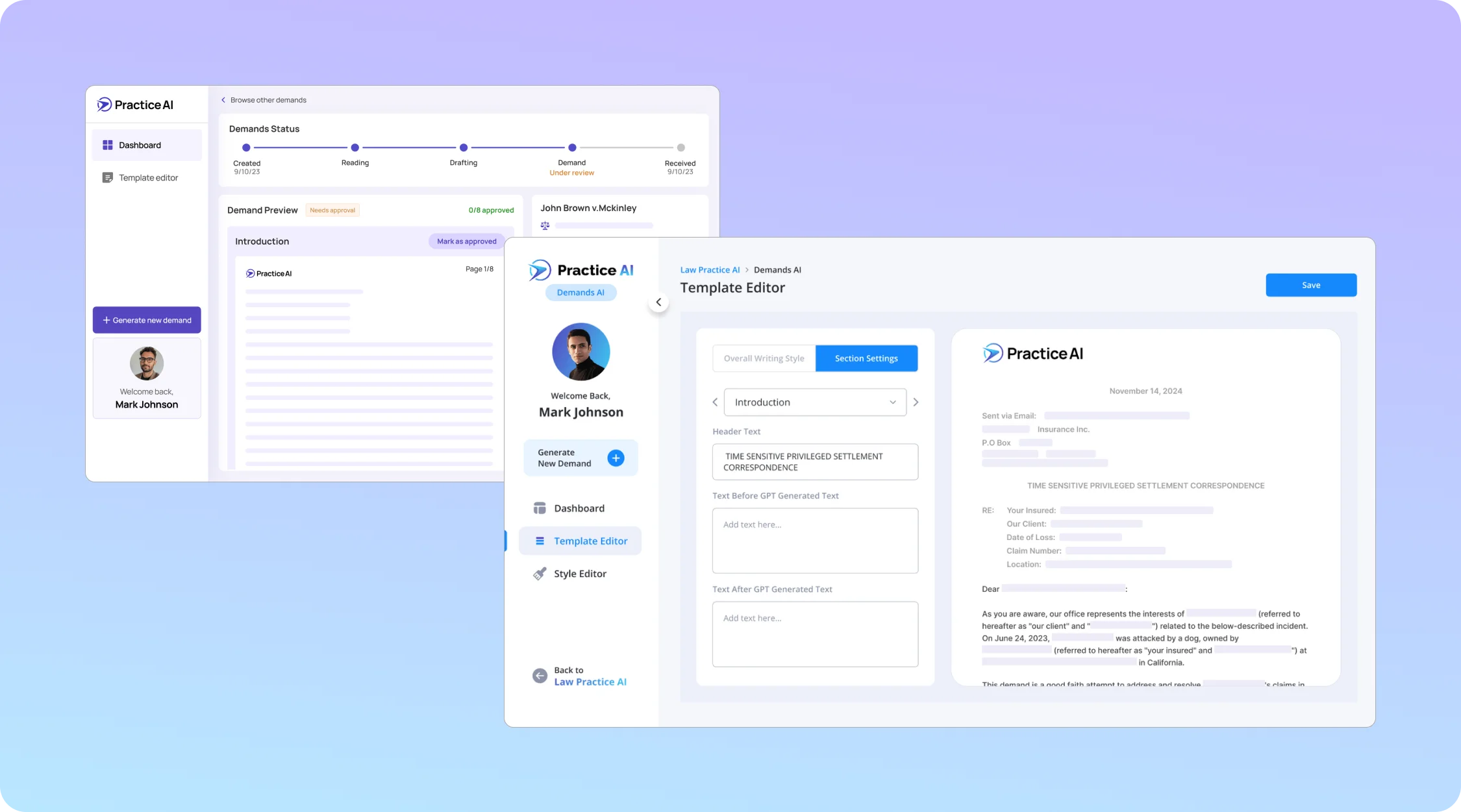 Law Practice AI Document Automation Software Interface