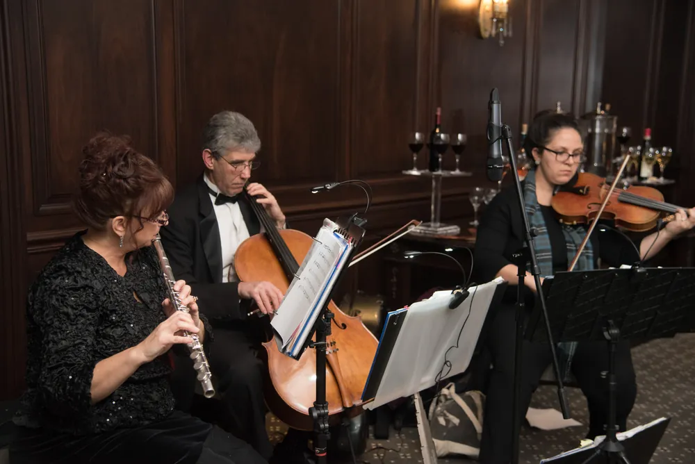 Live trio playing flute, cello and violin from sheet music at a wedding, a live music add-on
