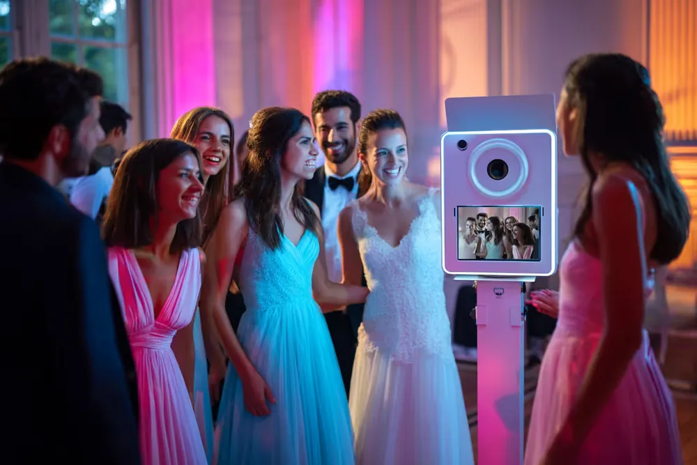 Bride and bridesmaids gather around a white selfie photo booth, watching their photo on its screen