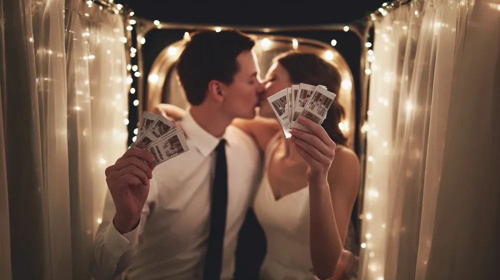 Couple kissing in a fairy-light photo booth while holding up their printed photo strips