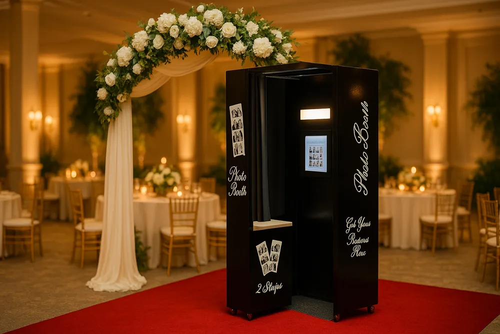Black enclosed classic photo booth reading "Photo Booth" beside a floral arch in a reception hall