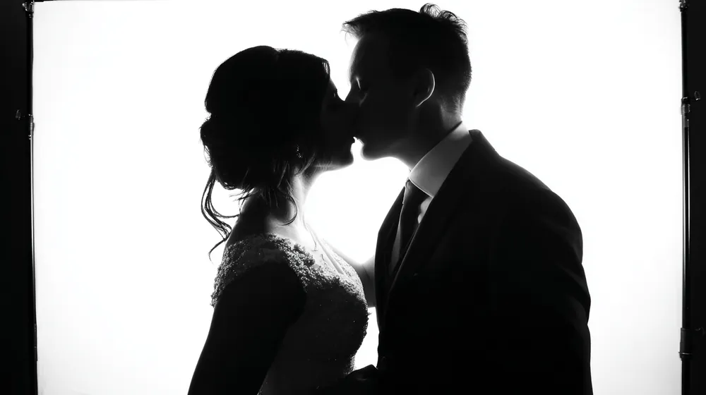 Black-and-white silhouette of a couple kissing against a bright backdrop, a glam booth style portrait