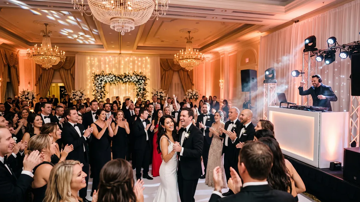 Guests cheering as a bride and groom dance in a chandelier ballroom while a DJ performs at an Orlando wedding