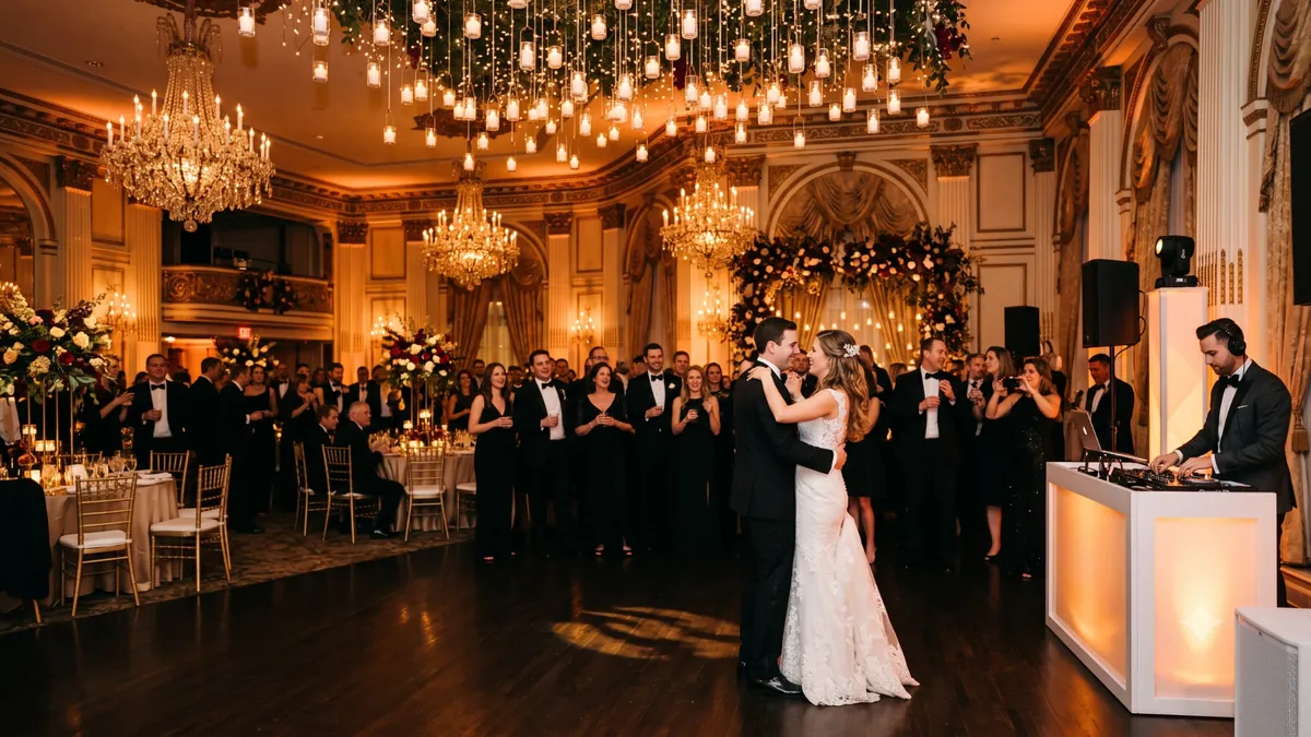 Couple sharing a first dance under hanging winter lights and chandeliers as a DJ plays at a New York City wedding