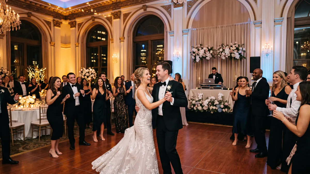 Bride and groom dancing in a grand ballroom surrounded by guests at an elegant New York City wedding reception
