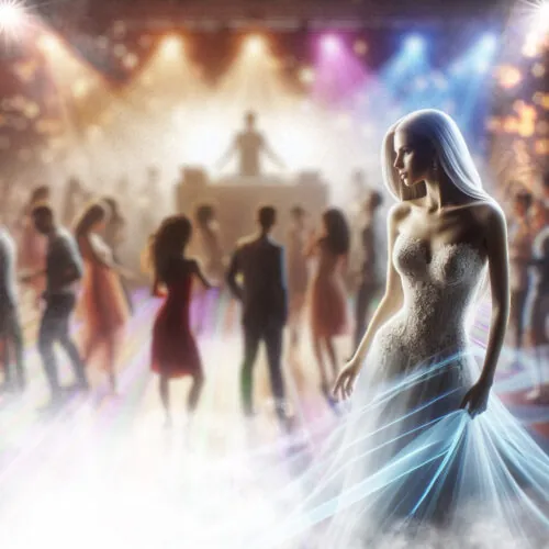 Bride in a lace gown on a misty dance floor as guests dance under colorful lights in front of a DJ