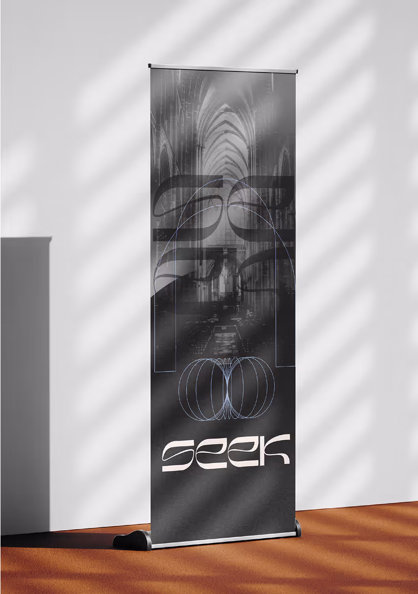 A rollup banner for seek with the conference branding.