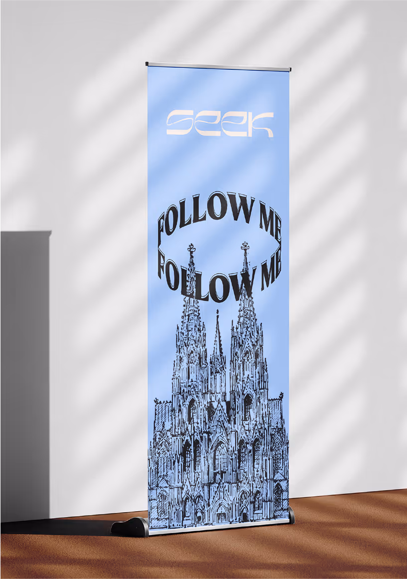 A rollup banner for seek with graphic that says "Follow me" on it.
