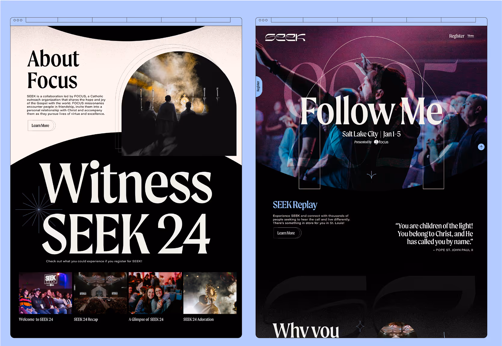 Side by side images of the Seek website over laid on a blue background.