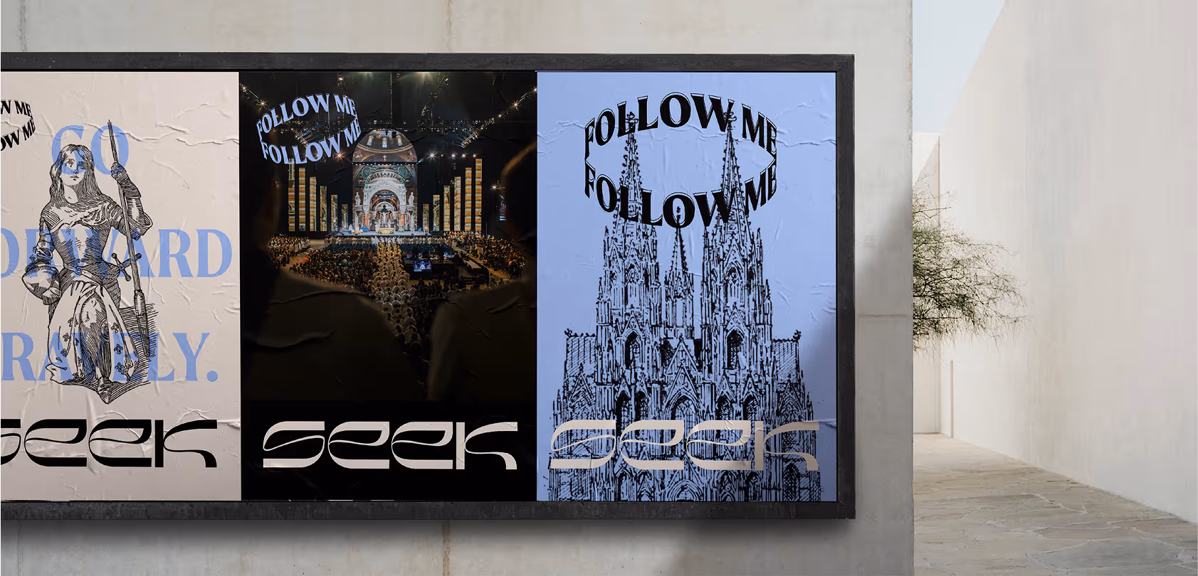 A mockup image of three poster side by side posted on a building wall.