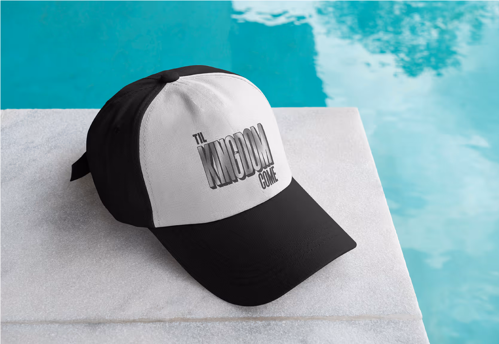 A mockup image of a hat on a pool ledge.
