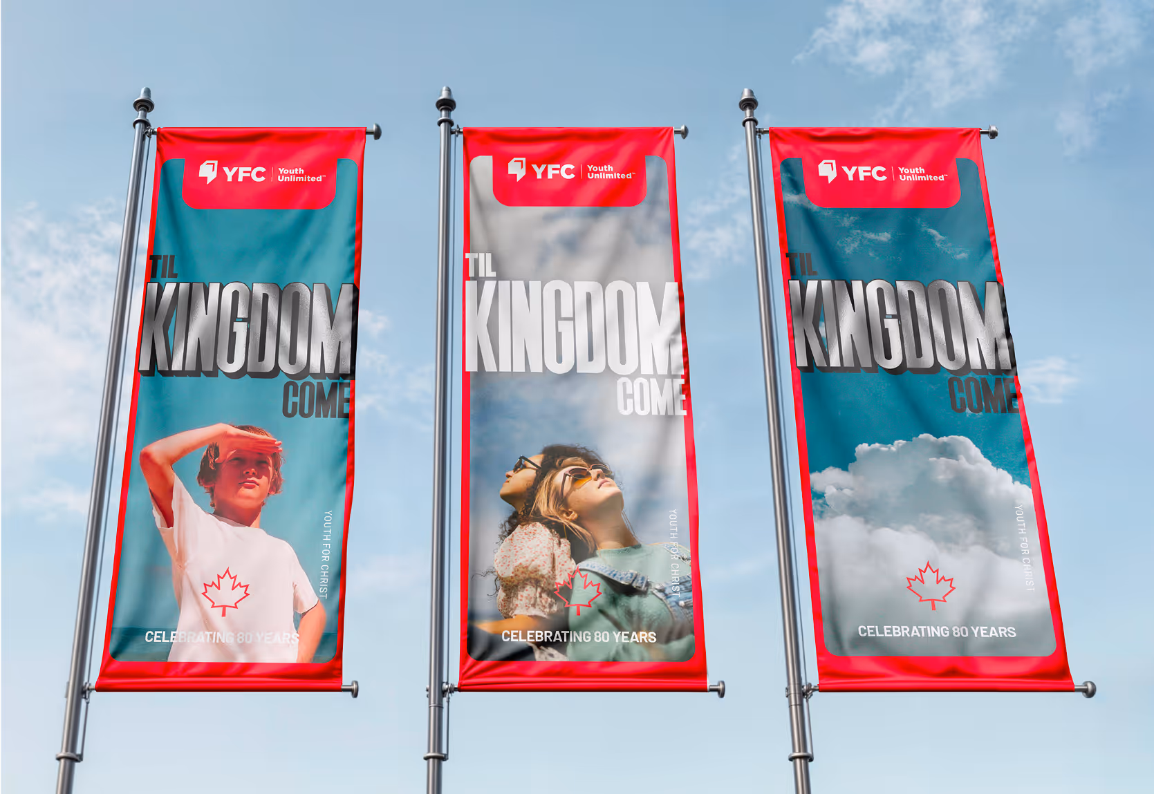 An image of three flag banners showcasing YFC branding.