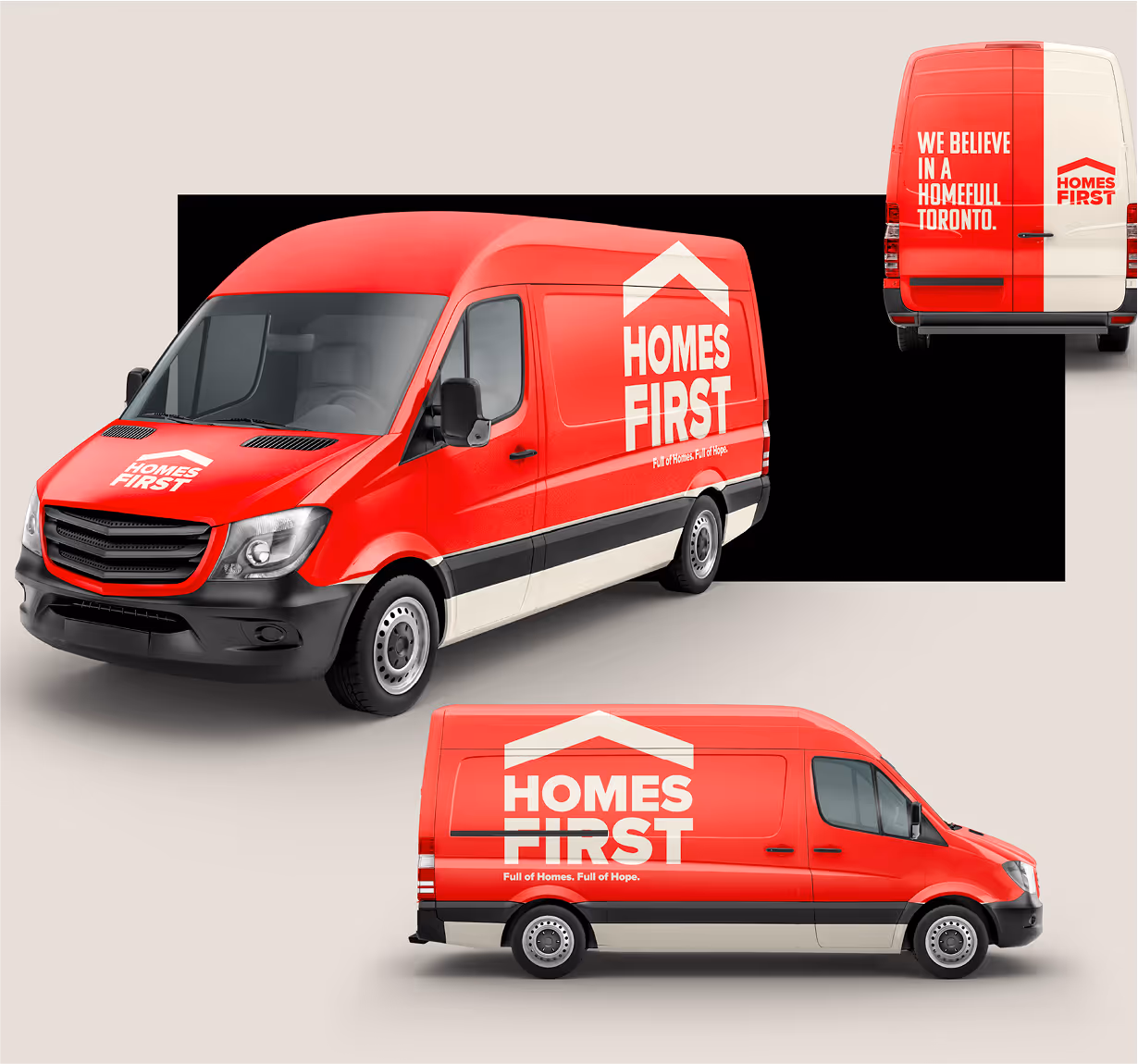 A homes first branded spinter van, showcasing various decals.