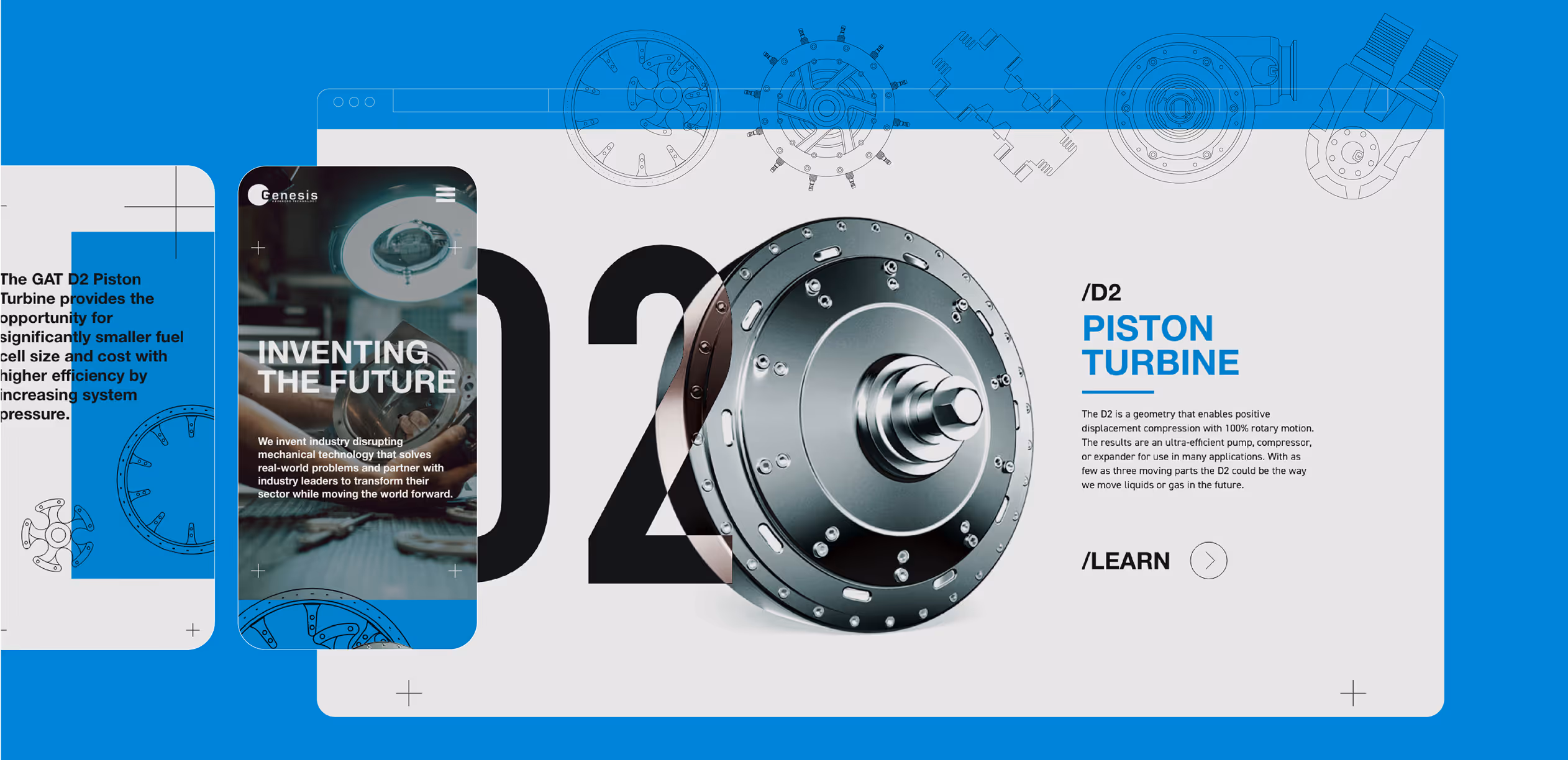 A graphic showcase of the genesis brand application on mobile, desktop overlayed with brand elements.