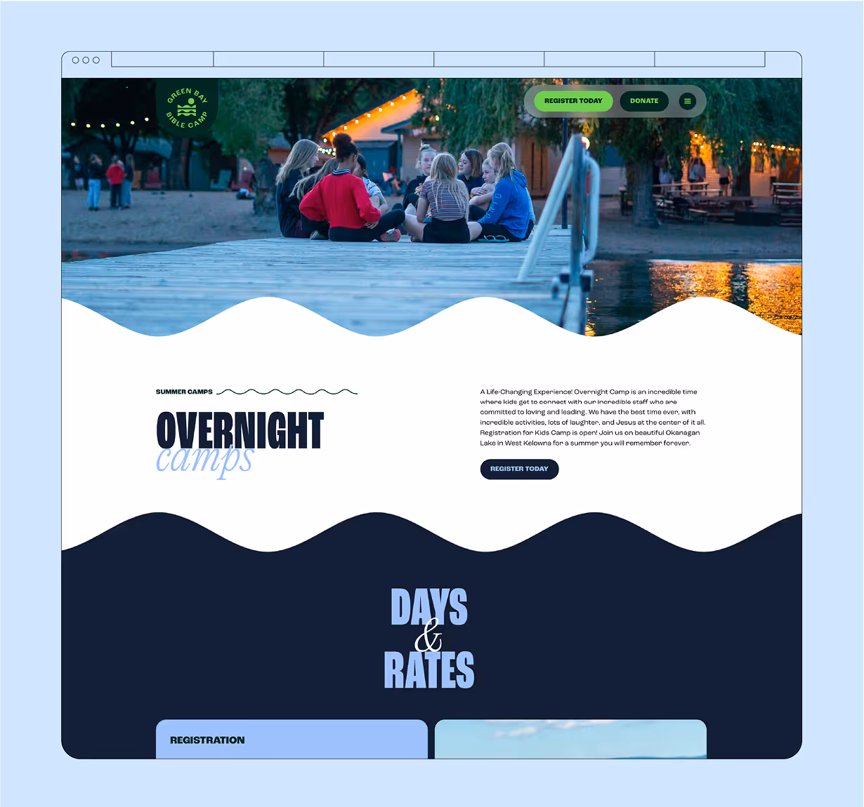 A screenshot of the green bay bible camp desktop website.