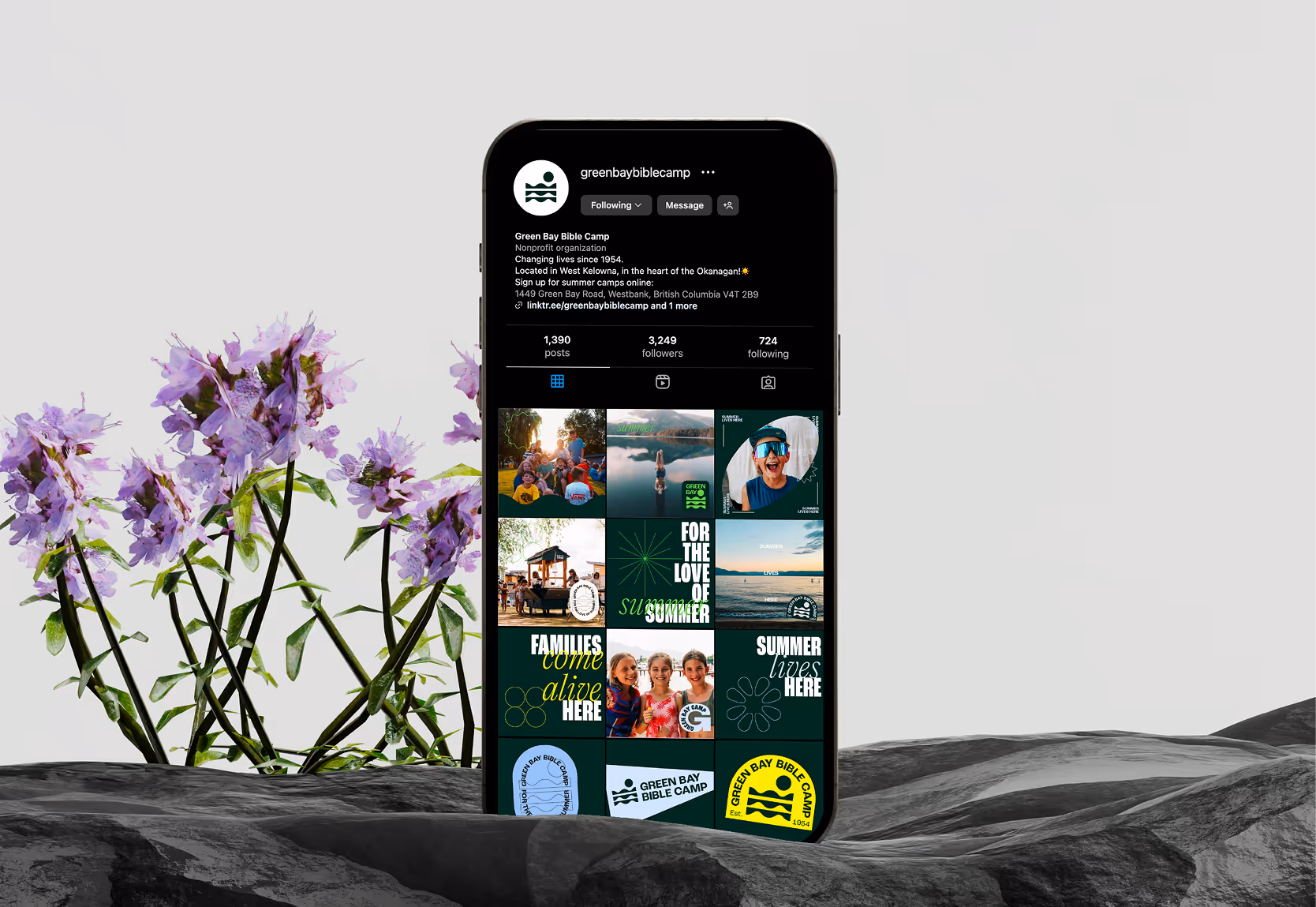 A mockup image showcasing the green bay bible camp Instagram profile grid on an iPhone.
