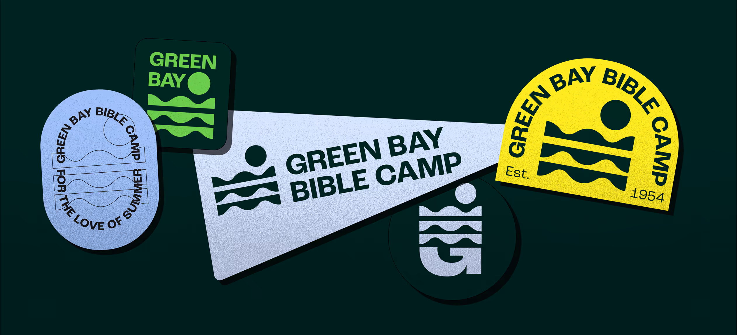 A graphic header with multiple branding elements from green bay bible camp.