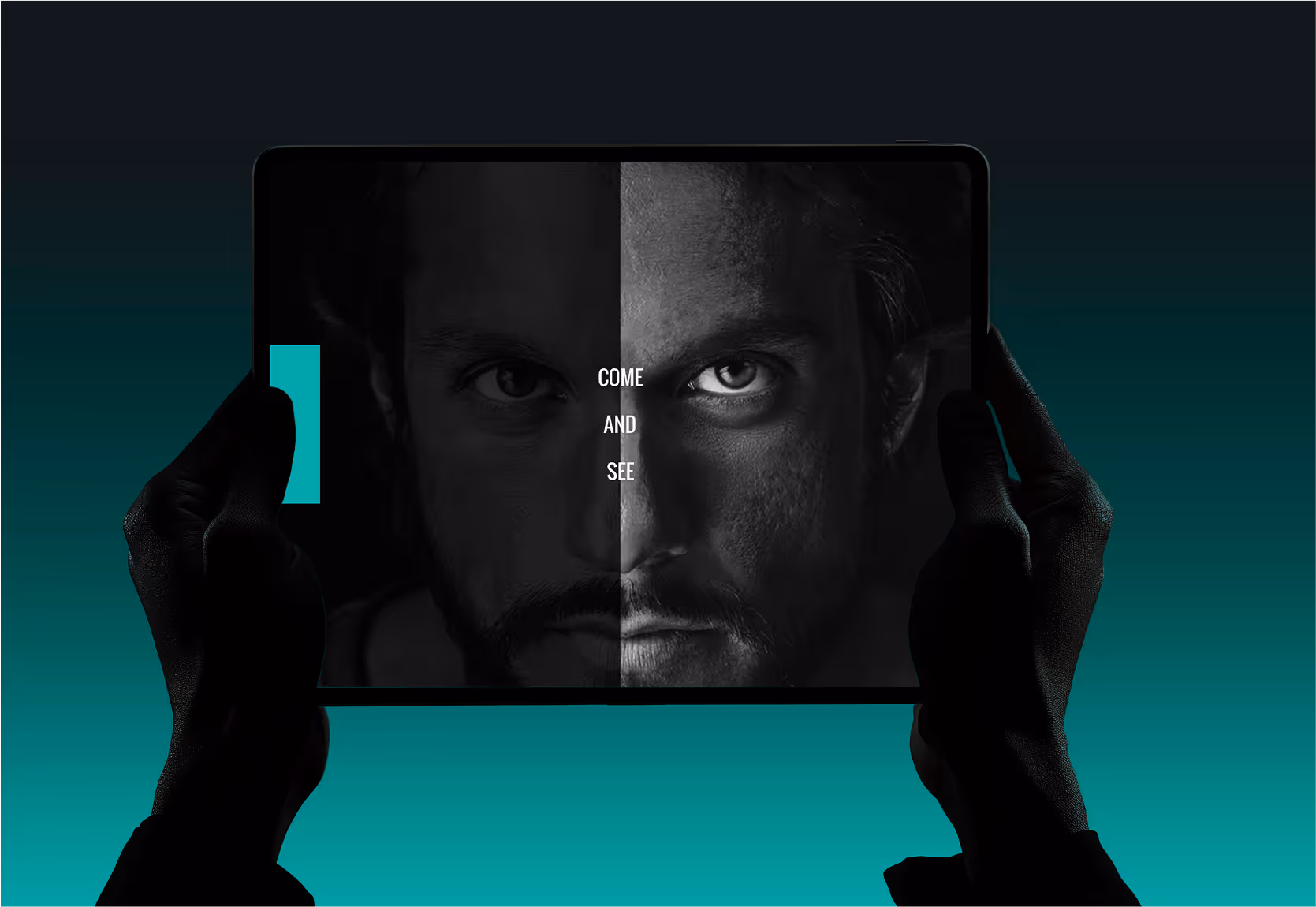 A mockup of someone holding an iPad showcasing a chosen promotion graphic.