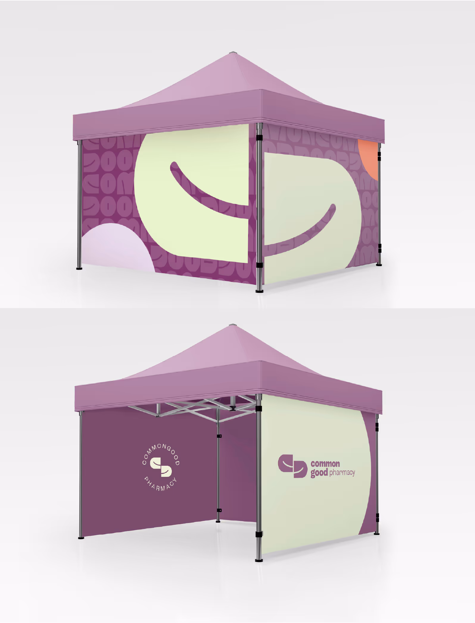 A mockup of two different angles of a branded event tent.
