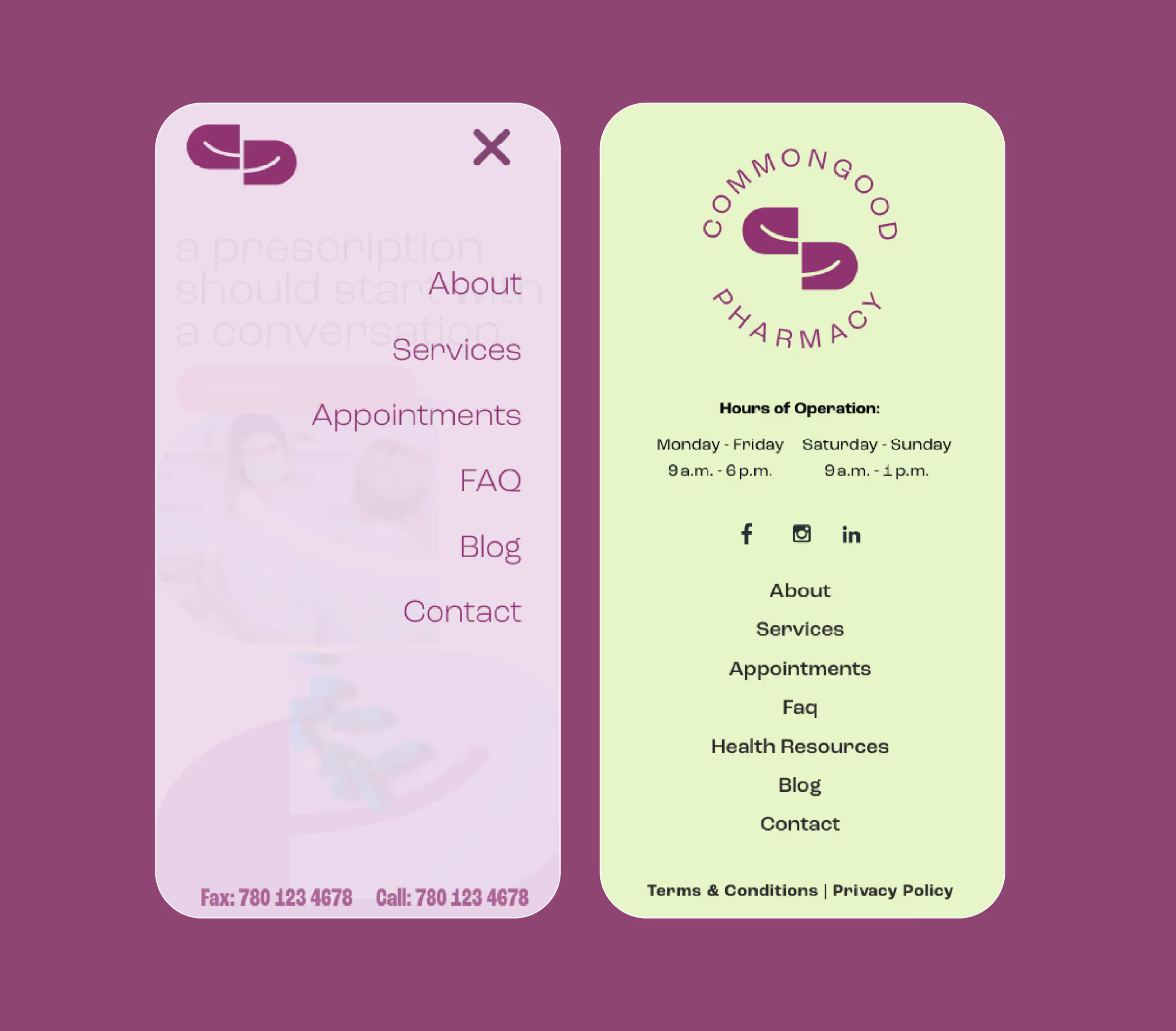 A showcase of two views of the mobile landing page. One view showcasing the menu and the other showcasing the footer.