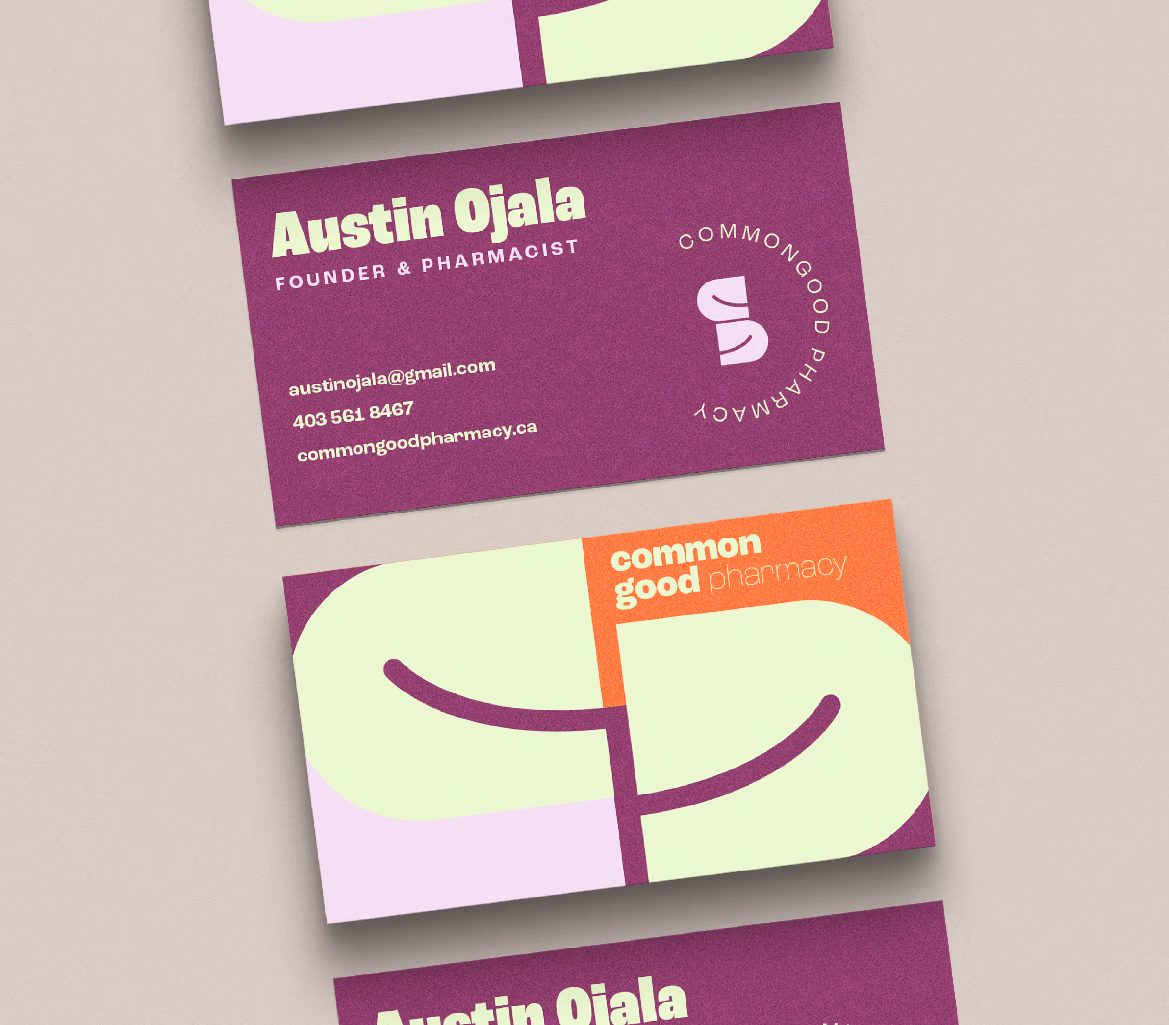 A flat lay of business card that showcase the branded side and the staff profile side.