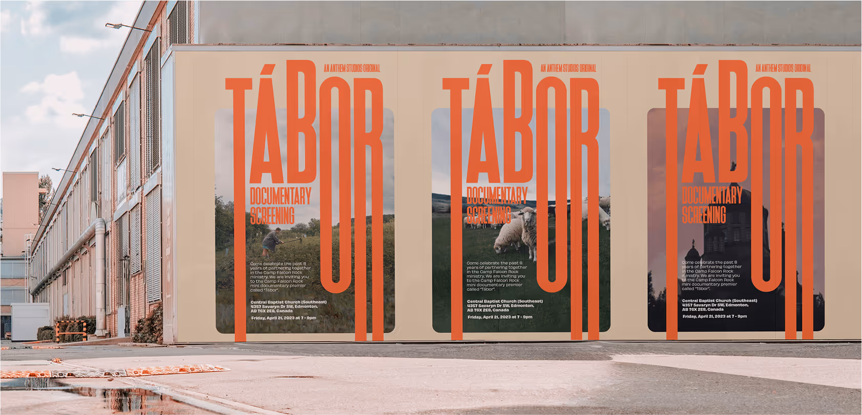 A mockup of three vertical documentary promotion posters alongside a road.