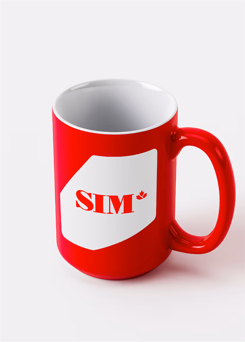 A mockup image of a SIM Canada branded mug.