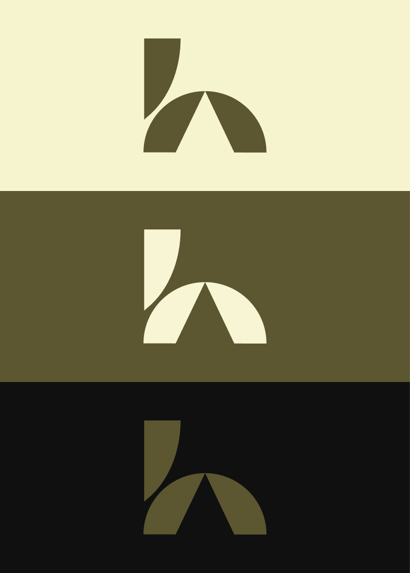 Abstract geometric logo featuring a stylized lowercase 'h' composed of semi-circles and a vertical shape, shown in three color variations stacked vertically.